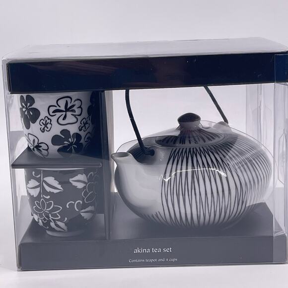 Pier 1 Imports AKINA Tea Pot Four Cup Set Porcelain Black White Pattern NEW - Picture 10 of 10